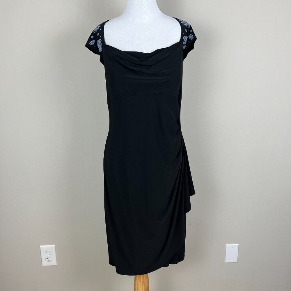 MSK Dress Womens 14 Black Cowl Neck Sheath Draped Waist Beaded Cap Sleeve Knee